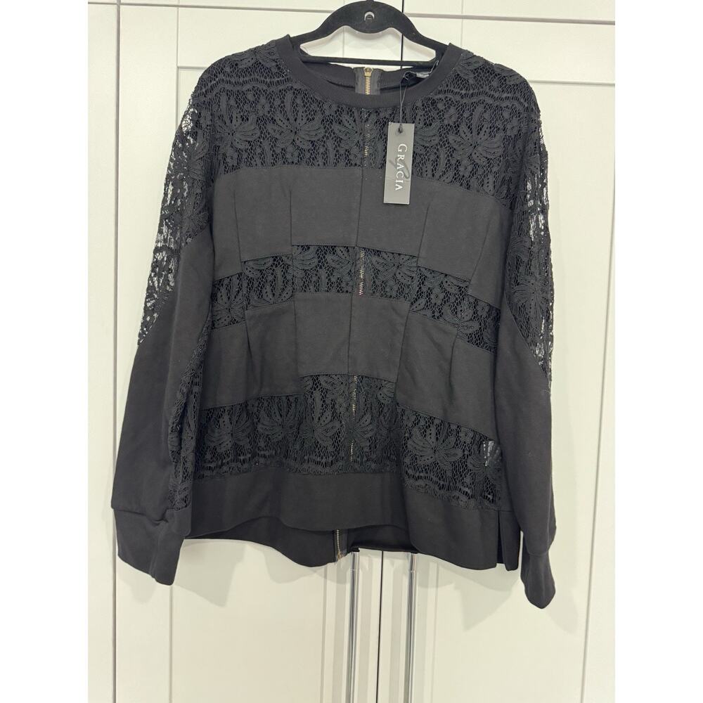 GRACIA Black Lace 100% Cotton Long Sleeve Zip Pullover Sweater Blouse